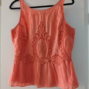 Coral lace-detail peplum blouse from Anthropologie, size 8
